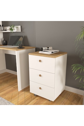 Olven Keson-komodin 3 Çekmeceli Tekerlekli , Beyaz-meşe