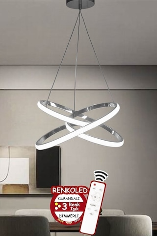 Renkoled Aydınlatma Kumandalı 3 Renk Işıklı Krom Kasa Modern Sarkıt Led Avize Krom