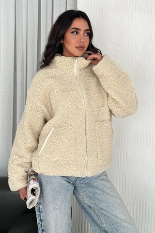 Kadın Fermuarlı Oversize Astarlı Peluş Ceket Yumuşak Dokulu & Konforlu Stil Bej