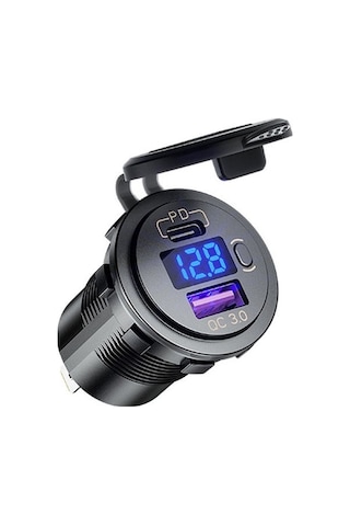 Honmex Araç Telefon Şarj Cihazı Pd+qc3.0, Voltaj Göstergeli, Anahtarlı, Mavi Işık, 60cm Kablolu Tek Qc3.0+pd