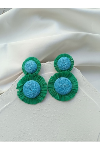 Yeşil Mavi Hasır Küpe Altın - Yeşil