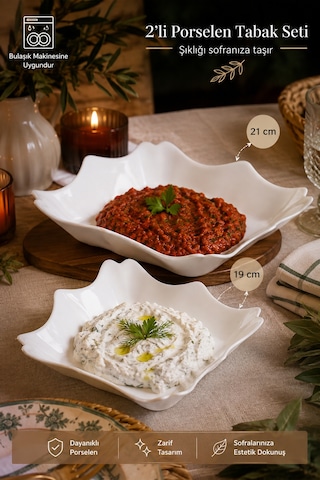 Porsima Porselen 2li Sunumluk Kahvaltılık Mini Tabak Seti 19x21cm