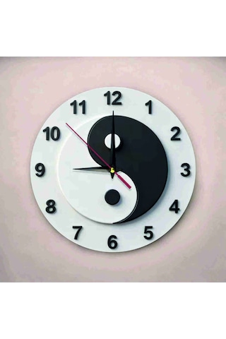 Ying Yang Renkli Baskı Desenli Sayılı Hediyelik Ahşap Sessiz Tablo Duvar Saati 695 Çok Renkli