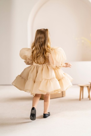 Linola Baby Kids Puffy Şifon Kız Çocuk Parti Elbisesi Bej