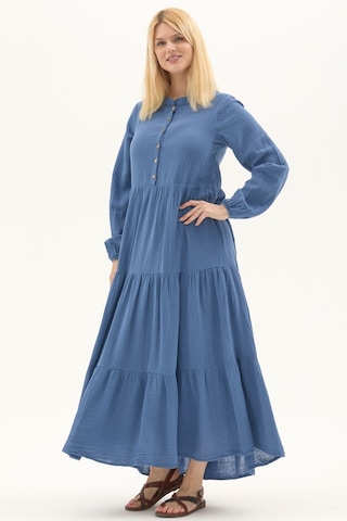Uzun Kol İndigo Düğmeli Yazlık Uzun Müslin Elbise İndigo