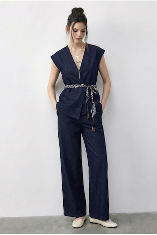 Shade Kadın Kruvaze Yaka Saten Kuşaklı Yelek Bol Pantolon Alt-üst Denim Takım 9415 60286044 - Lacivert