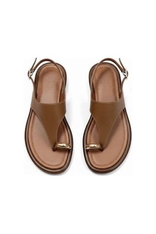 Ne&ve Shoes Taba Hakiki Deri Aksesuar Detaylı Parmak Arası Kadın Arkadan Tokalı Sandalet