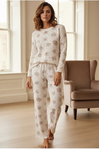 Siyah İnci Yumuşak Tuşe Kışlık Fitilli Pamuklu Örme Pijama Takım 7956 Pembe Büyük Çiçek