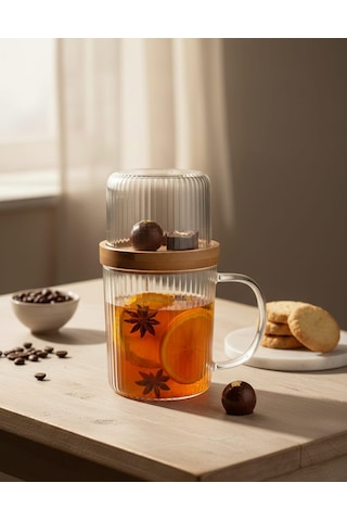Sunum Fanuslu Bambu Kapaklı Şık Cam Kupa Seti 300ml Cam - Şeffaf