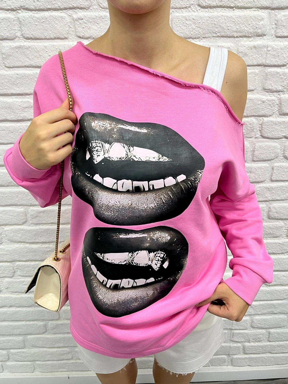 Kadın Pembe Oversize Sweatshirt Baskılı Dudak Desenli, Sokak Stili, Rahat Kesim Pembe
