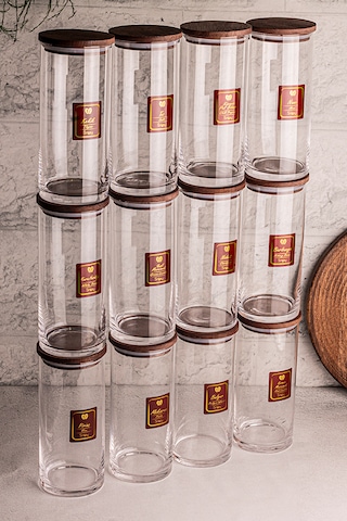 Snippy Story - 12'li Etiketli Cam Jumbo Saklama Kabı Baharatlık Ahşap - Şeffaf