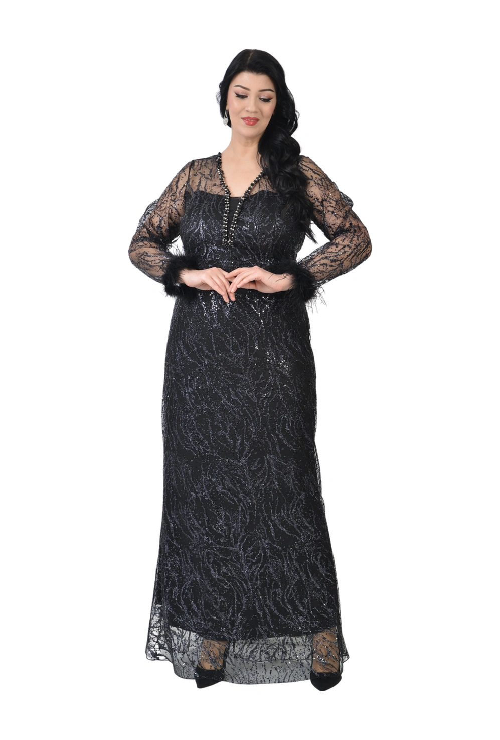 Lilas Xxl Büyük Beden Griter Baskı Siyah Renkli Abiye Elbise Siyah