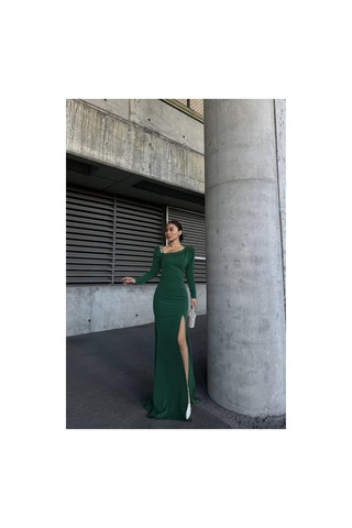 Lior Design Kadın Şık Model Kayık Yaka Taş Detaylı Uzun Kollu Abiye Elbise Zümrüt