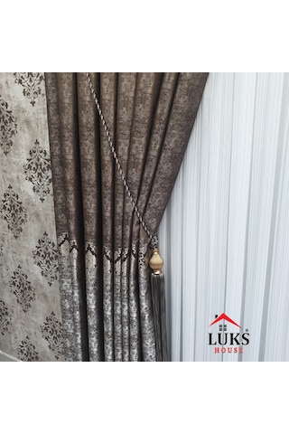 Lüks Kahverengi Fon Pano Perde Sık Pile Tek Kanat, En100 Cm Kahverengi
