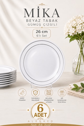 Mika Beyaz Tabak Gümüş Çizgili 26cm 6'lı Mika Beyaz Tabak Gümüş Çizgili 26cm 6'lı