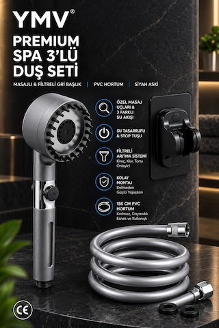 Ymv Premium Spa Siyah 3 Lü Filtreli Masajlı Duş Seti Fonksiyonlu Başlık Pvc Hortum Ve Askı