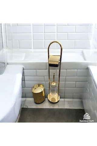 İsaoğlu Yapı Gold Kova Banyo Seti Klozet Fırçası Tuvalet Kağıtlığı Komple Pirinç Set Gold Banyo Gold Altın
