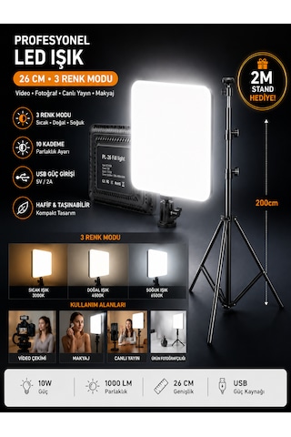 Profesyonel 26cm Led Işık 3 Renk Modlu 2 Metre Tripod Standlı Ayarlanabilir Masa Lambası Aydınlatma