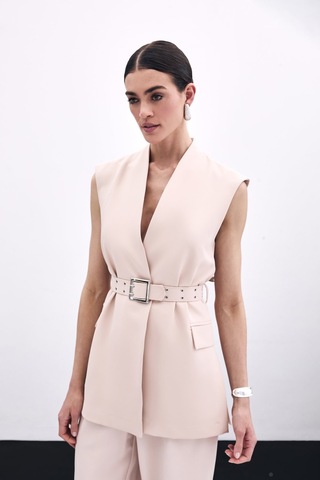 Sateen Kemerli Uzun Yelek - Bej-135805 Bej