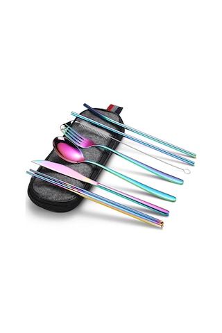 Valkyrie 8 Parça Çantalı Yolculuk Çatal Bıçak Kaşık Pipet Chopstick Seti Kamp Okul Ofis Tatil Paslanmaz Çelik Renkli Çok Renkli