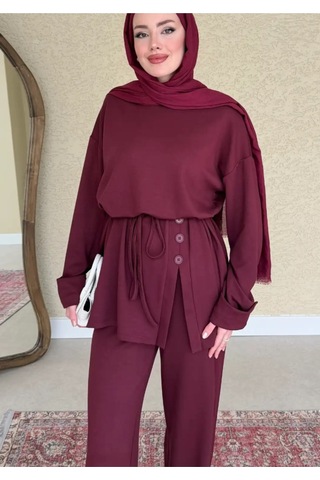 Kadın Salaş Eteği Düğmeli Bluz Pantolon Takım Bordo