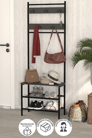 Bofigo 3 Raflı Metal Portmanto Elbise Askılığı Vestiyer Ayakkabılık Samanyolu Antrasit Antrasit