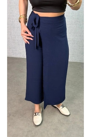 DefyModa Kadın Beli Lastikli Bağcık Detay Aerobin Kumaş Etek Pantolon Lacivert