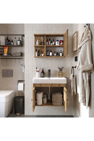 Lavabolu Mat Suntalam 60 Cm Banyo Dolabı + Aynalı Üst Dolabı Atlantik Çam