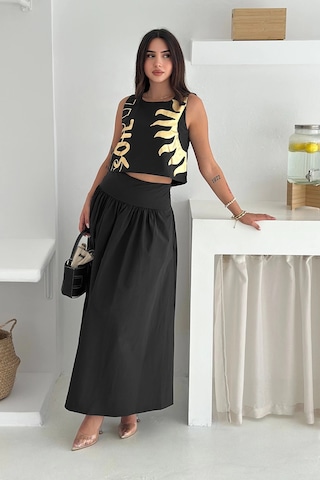 Asprin Fashion Varak Baskılı Crop&etek Takım Papertouch Kumaş Siyah