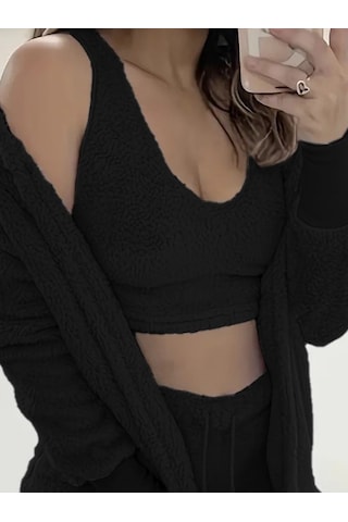 Modaserdem Kadın Uzun Kollu Ceket, Askılı Peluş Bluz Ve Şort Üçlü Takım Siyah