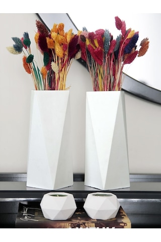 Geometrik Uzun Vazo 20 Cm Ve Geometrik Tealight Mumluk Set 4 Parça Ham Beyaz Beyaz