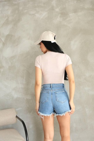Moda Banuş Premıum Kalite Bej Esnek Buzzy Kumaş Bisiklet Yaka Kısa Kol Basic Body