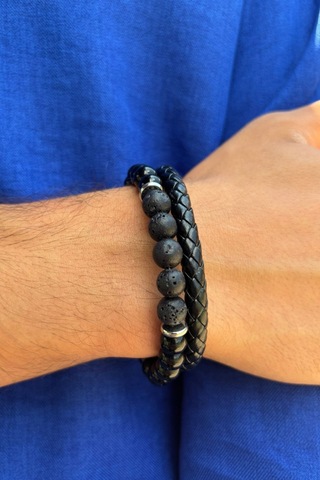 Siyah Taşlı El İşçiliği İle Üretilmiş Hakiki Deri Erkek Bileklik Siyah - Beyaz