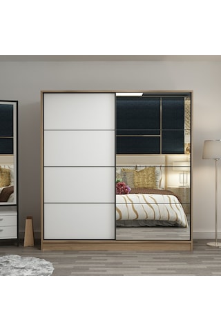 Minar Kale 2 Kapaklı Aynalı Sürgülü Dolap 180 Cm - Dore/ Beyaz 190cm