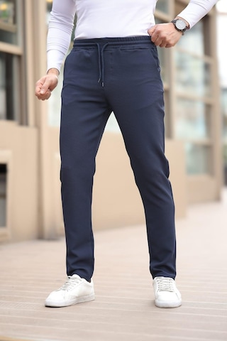 Afri Düğmesiz Kareli Kumaş Lacivert Mavisi Jogger Pantolon Lacivert