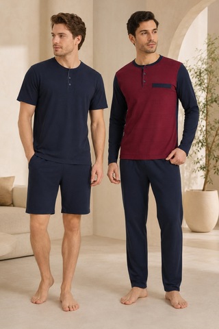Loule Erkek Bordo Jakarlı Penye Yazlık Kışlık Pijama Seti 4 Parça