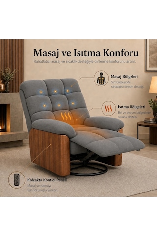 Smarto Relax Porto Tv Koltuğu Elektrikli Masajlı Isıtmalı Döner Sallanan Ahşap Yan Panelli Polyester Kumaş Baba Koltuğu Gri