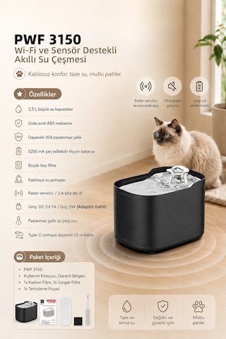 Pwf 3150 Petmate Flowsense Pro - Wi-fi Ve Sensörlü Akıllı Otomatik Kedi Köpek Su Çeşmesi 2,5 L Paslanmaz Çelik - Bpa İçermez - Siyah