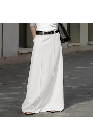 Vonda Kadın Cep A Etek Fermuar Düz Renk Uzun Yarım Etek Beyaz
