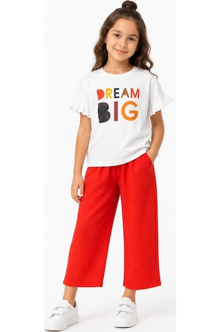 Genel Markalar Luniva Butik Dream Big Baskılı Kız Çocuk Fırfır Kollu Tişört Ve Bol Paça Pantolon 2'li Takım Kırmızı