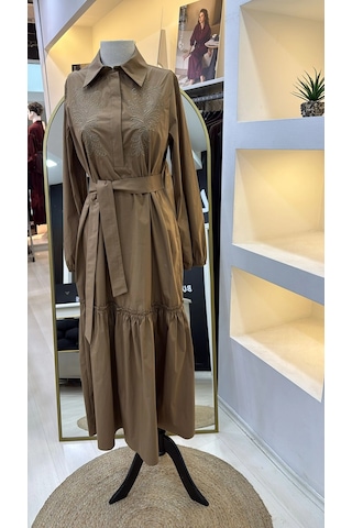 Nuss 2040 Desenli Elbise- Camel