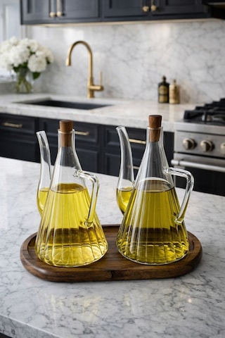 Morponi Akasya Stantlı Borosilikat Cam Akasya Kapak Glazzy Yağlık Seti 500 Ml + 500 Ml Çizgili Tasarım Amber