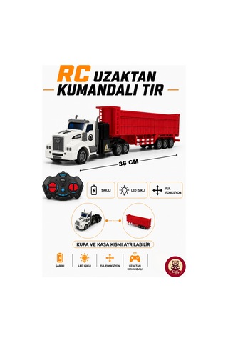 Oyuncak Uzaktan Kumandalı 27 Mhz Şarjlı Rc Tır 36 Cm Ayrılabilir Kasalı Işıklı Ses Efektli Oyuncak Tır Kırmızı