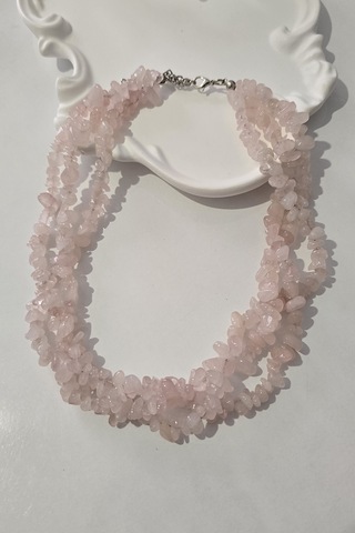 Sertifikalı Pembe Kuvars Kırıktaş Doğaltaş Kolye 3 Sıra 154 - Pembe