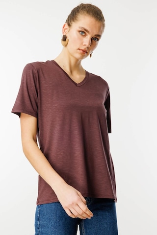 Kadın V Yaka Flamlı Kumaş Basic Tshirt Kahve Kahve