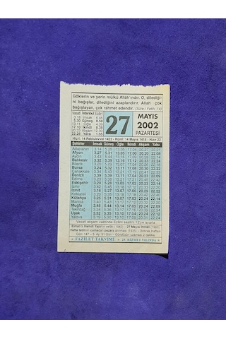 27 Mayıs 2002 Takvim Yaprağı - Nostalji Koleksiyonluk Takvim Yaprağı A