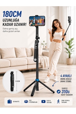 180cm Bluetooth Kumandalı Telefon Tripodu 360 Ayarlanabilir Selfie Çubuğu Android İos Gopro Uyumlu