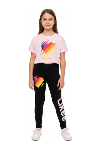 Toontoy Kids Toontoy Kız Çocuk Bisiklet Yaka Kısa Kollu Baskılı Crop Tişört - Beli Lastikli Basklı Tayt 11050 Pembe