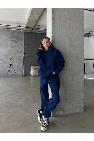 Kazax 3 İplik Şardonlu Kapşonlu Sweatshirt Lacivert P510436 Lacivert