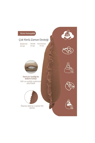 Mordesign Fırfırlı Emzirme Yastığı, Bebek Destek Minderi, Hamile Yastığı, Pamuk Kumaş, Ruffle Seri, Kahverengi Zg10195
